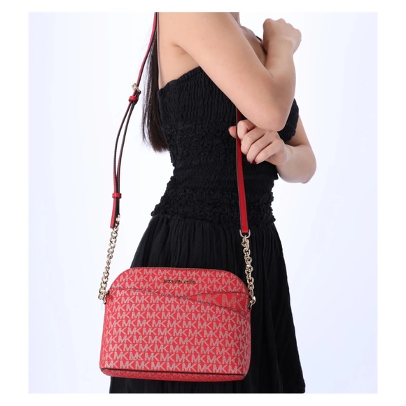 Michael Kors Jet Set Travel Dome Crossbody Bag Metallic Gold Bright Red MK Gold - Picture 2 of 6